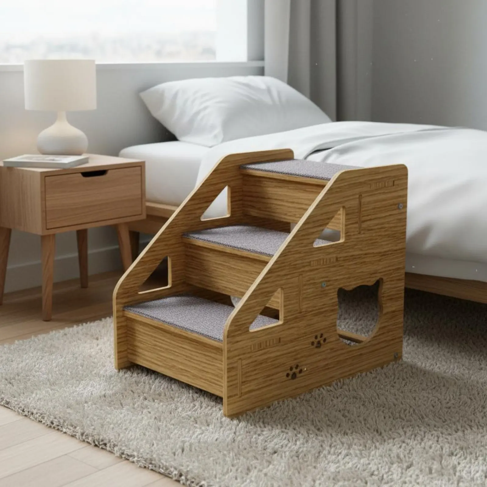 Escalera de madera para gatos y perros – 3 niveles antideslizante