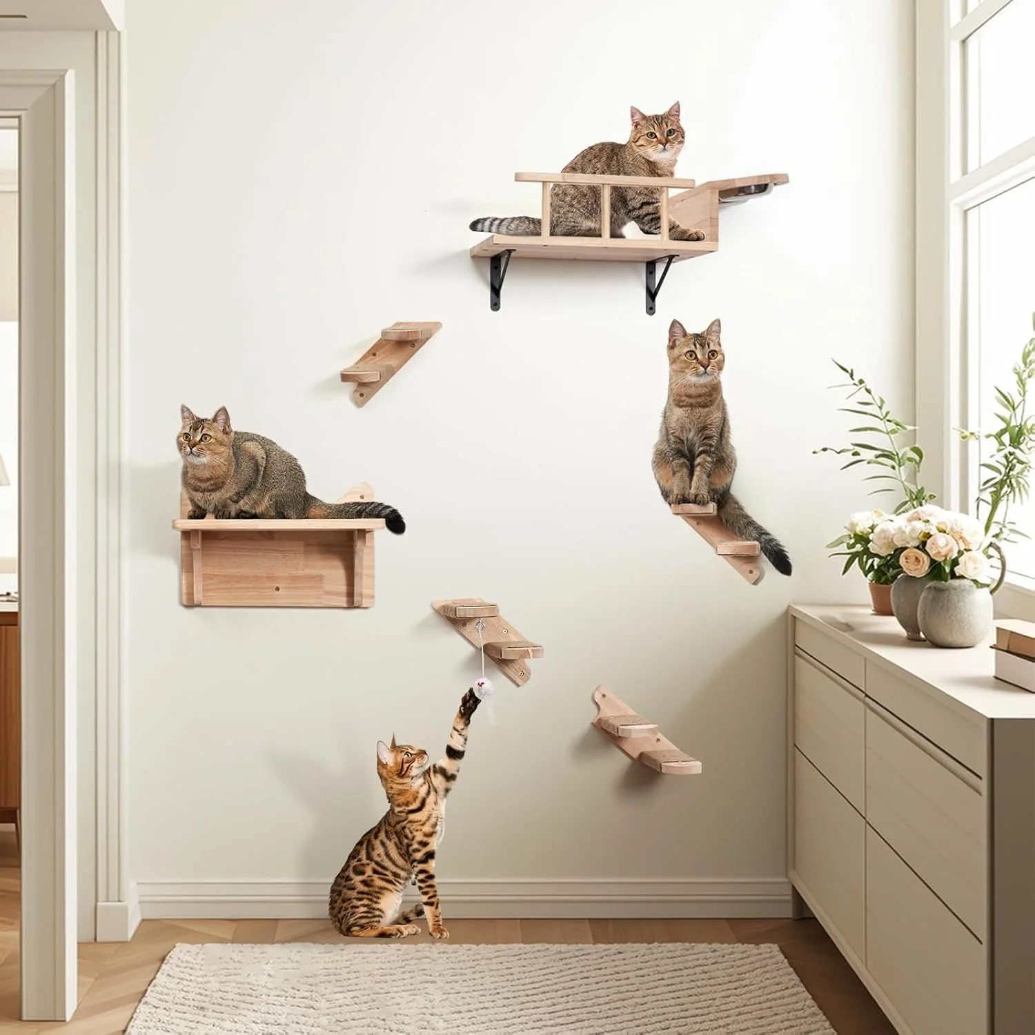 Casa para gatos montada en la pared con comedero de madera sólida - imagen 3