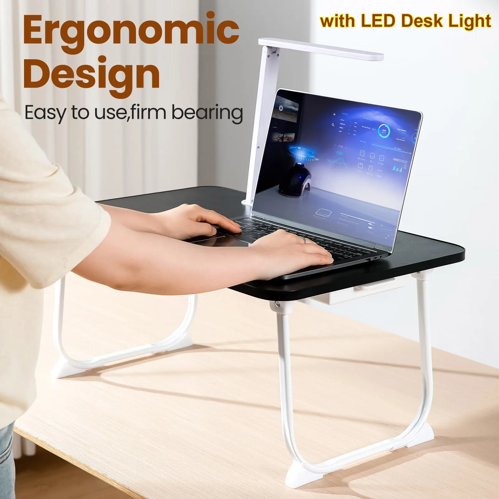 Mesa de cama perezosa, escritorio plegable para ordenador portátil con portavasos ligero y cajón de almacenamiento, soporte ajustable sin elevación portátil para Notebook/tableta - imagen 3