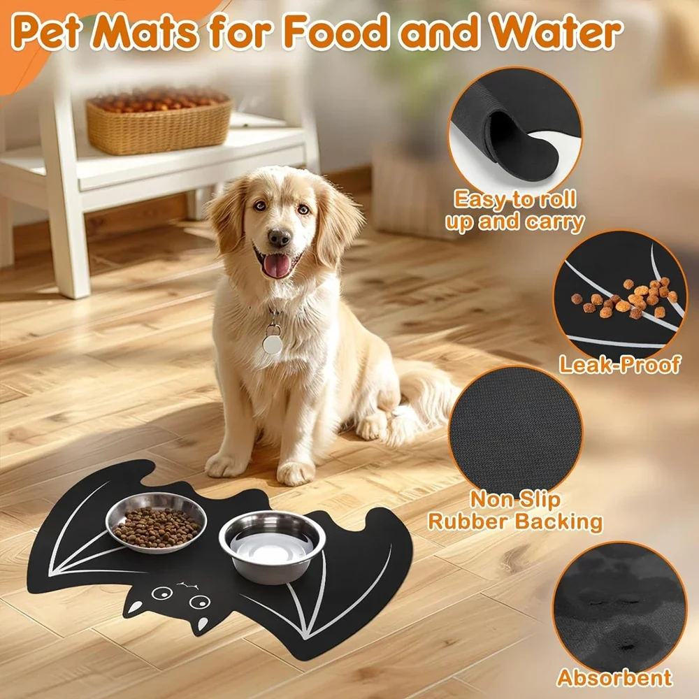 Alfombra de alimentación para mascotas con forma de murciélago de telaraña de Halloween, Protector antideslizante a prueba de derrames, estera de comedor fácil de limpiar, decoración espeluznante para el hogar para perros y gatos - imagen 5