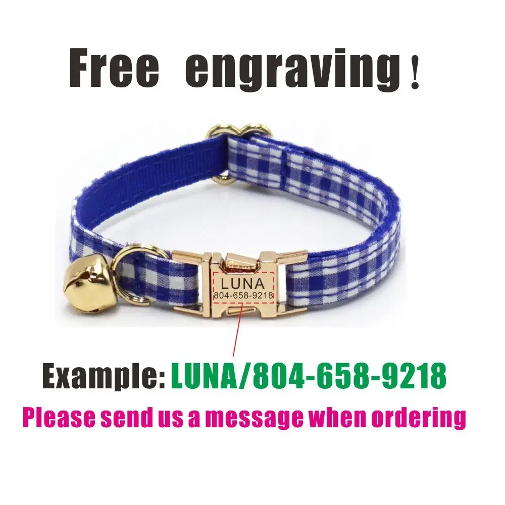 ปลอกคอแมวส่วนบุคคล, ชื่อ ID ที่กําหนดเองชื่อติดต่อหัวเข็มขัดโลหะ, ปลอกคอแมวลายสก๊อตสีขาวสีฟ้าแบบปรับได้พร้อมกระดิ่ง - imagen 4