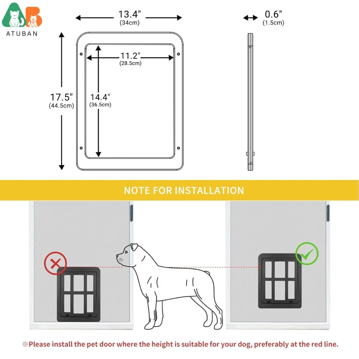 ATUBAN Puerta de pantalla para perros 13,4 "x 17,3" Cierre magnético automático, bloqueable, ABS duradero, para perros medianos a grandes, fácil de instalar - imagen 2