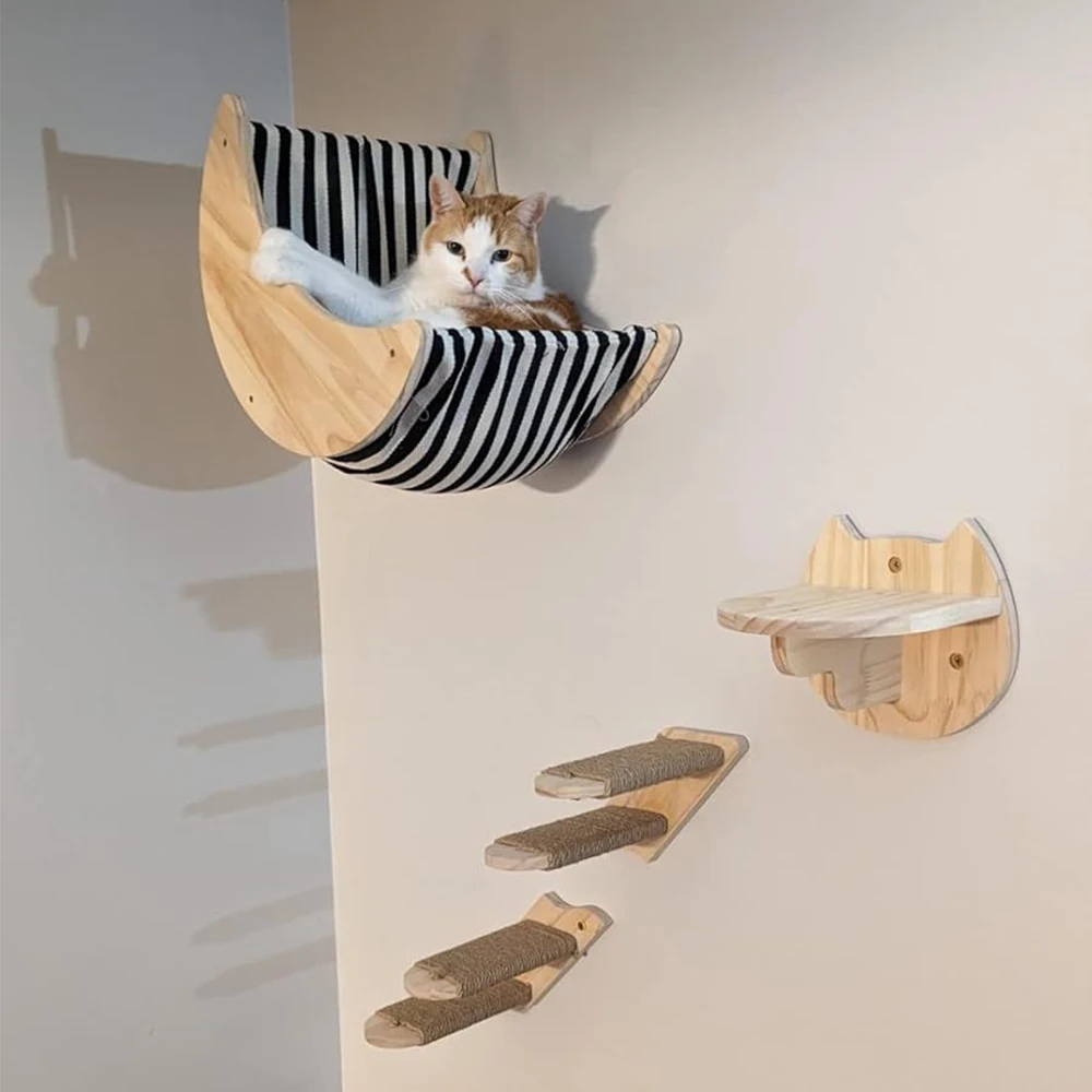 Hamaca montada en la pared para gatos, poste de rascado de Sisal, torre de árbol, plataforma de madera, muebles para interiores - imagen 5