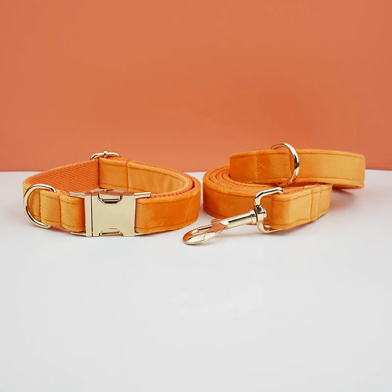 Conjunto de Collar y correa de terciopelo naranja para perros, placa de identificación grabada personalizada, suministros para mascotas, correa de terciopelo 41 - imagen 3