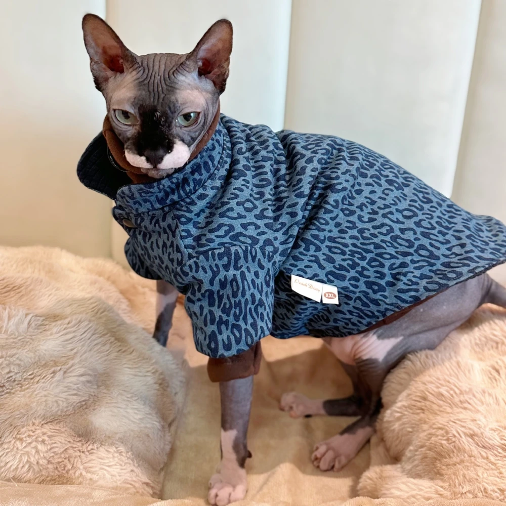 Sudadera de forro polar para gato Sphynx, traje grueso y cálido para gatitos, perros, chaqueta de leopardo azul suave para gato masculino, Invierno