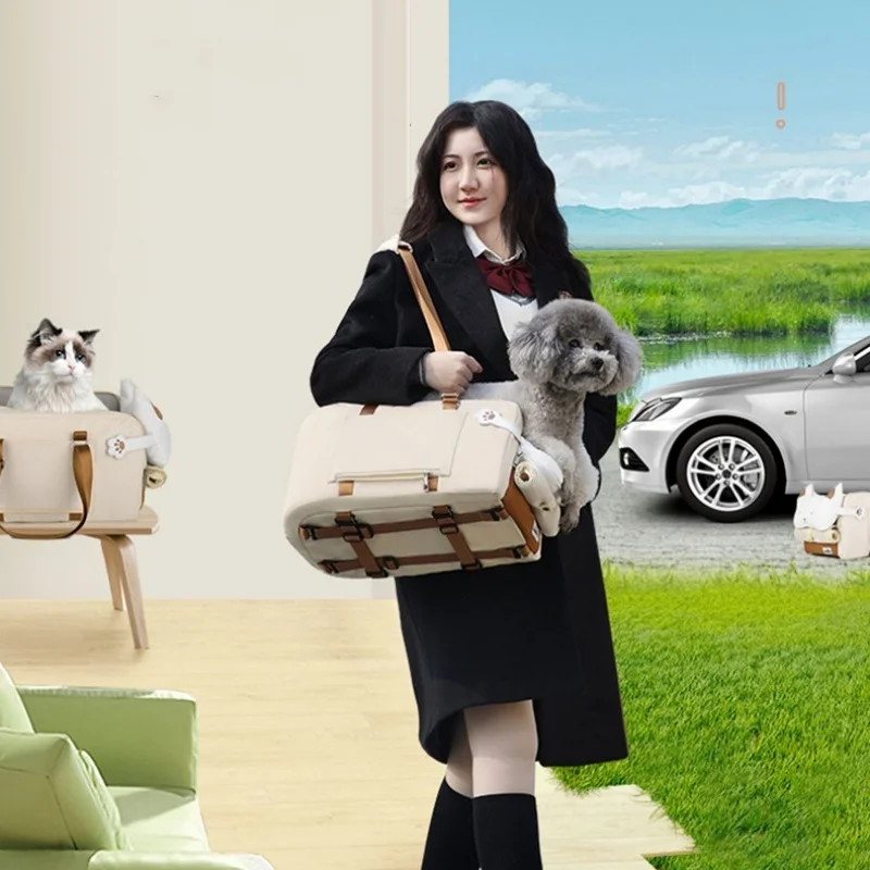 Asiento de coche para perros pequeños y gatos, asiento de consola central, elevador de mascotas para coche, bolsa de transporte multifuncional para mascotas, bolso de hombro Tote beige