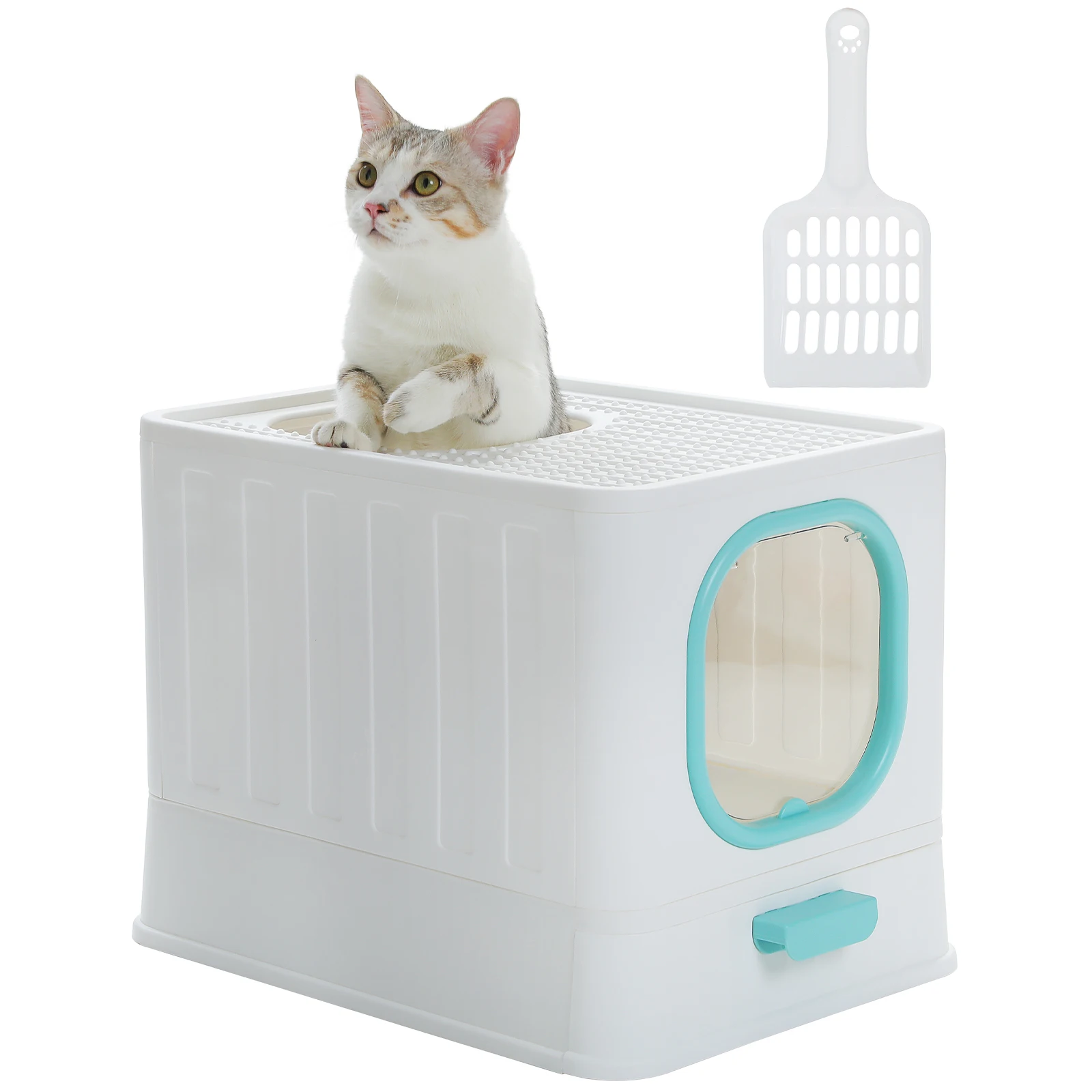 Caja de arena grande para gatos con tapa, caja de arena estándar con cuchara para arena para gatos, inodoro plegable para gatos para interiores, fácil de limpiar, parte superior abierta - imagen 2