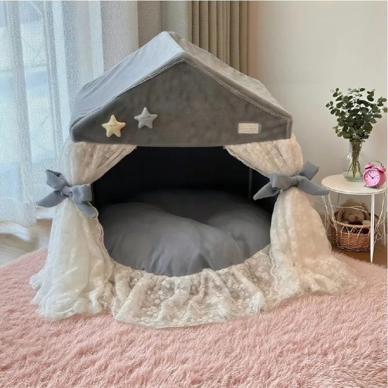 Cama princesa con encaje para gatos y perros lavable cojín extraíble - imagen 4