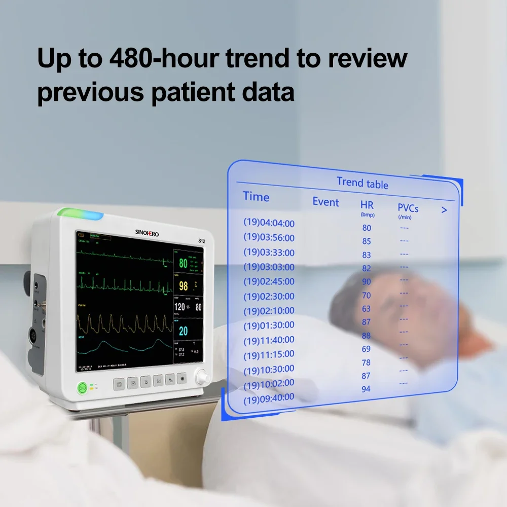SINOHERO S12 Monitor de pacientes multiparámetros Monitor de signos vitales con ETCO2 para ECG humano RESP NIBP SpO2 TEMP pantalla LCD de 12,1 pulgadas - imagen 5