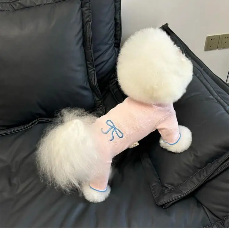 Mascota Otoño Invierno terciopelo bordado arco cuatro patas vientre envoltura Teddy protección del vientre ropa de casa pijamas ropa de cachorro - imagen 4