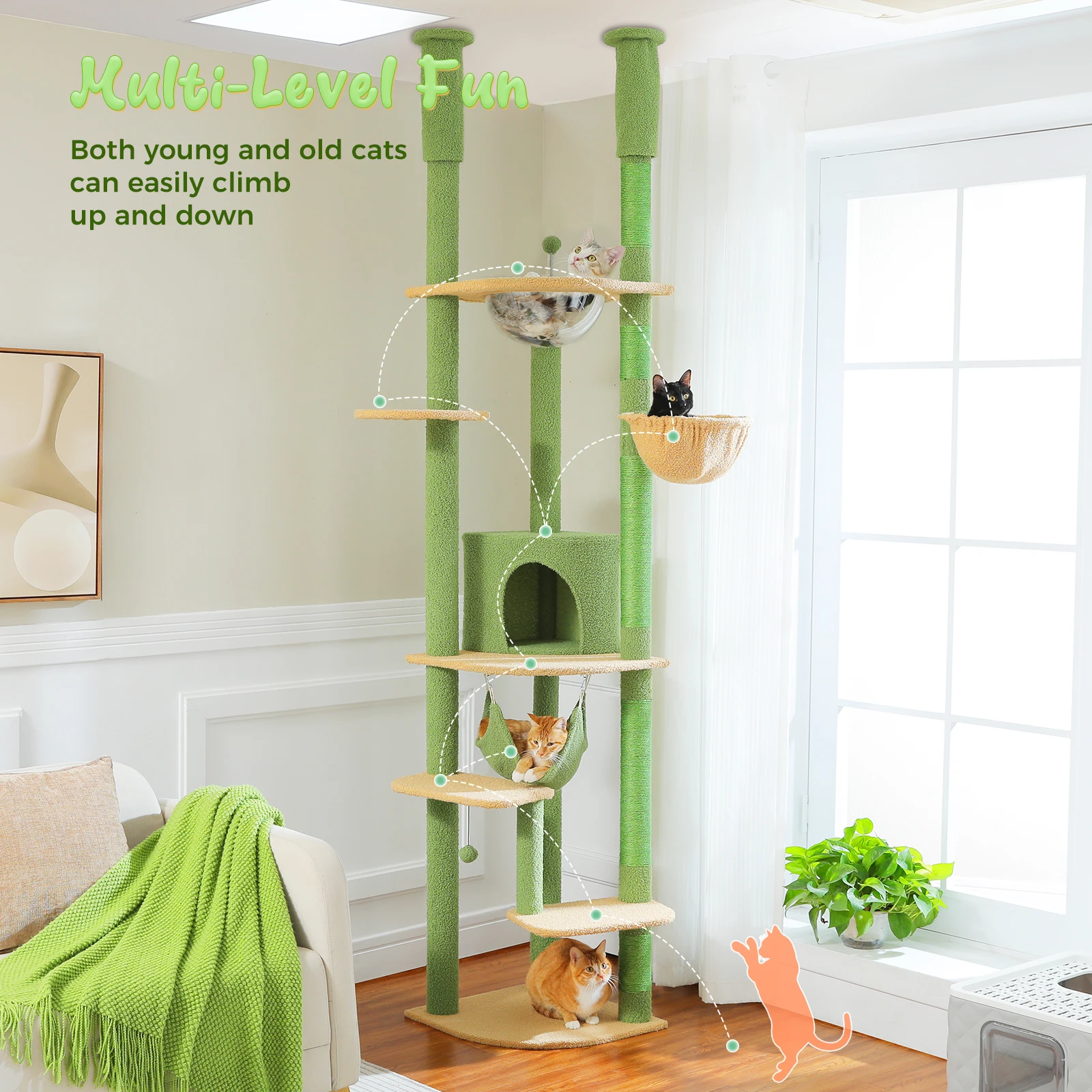 Adjustable Height Tall Cat Tree with Sisal Scratching Posts Spacious Condo Large Hammock Multi-Level Cat Tower Cat Accessories - imagen 4
