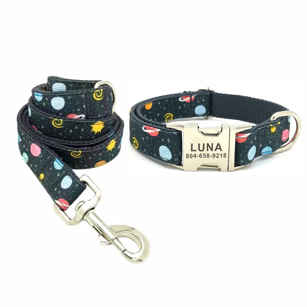 Collar de perro personalizado con grabado gratuito, correa para mascotas a juego, hebilla de Metal de contactos personalizados, Collar para mascotas negro con estrellas de plátano