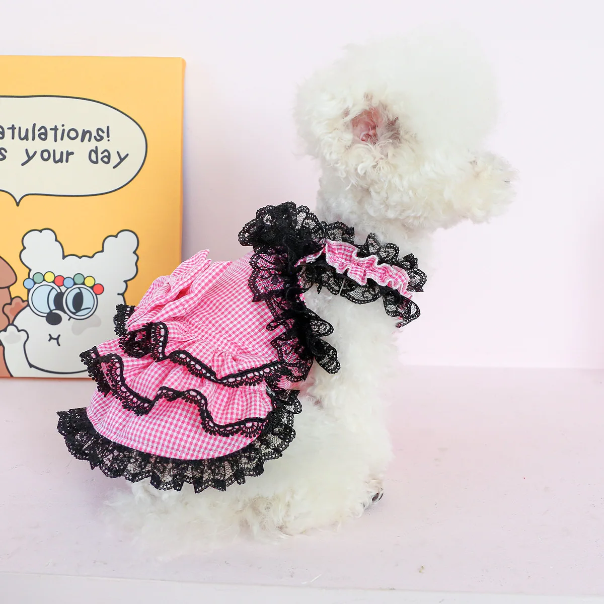 Vestido con lazo de primavera para mascotas, ropa informal de princesa para perros pequeños y medianos con tirantes a cuadros rosas y flores, ropa para cachorros - imagen 3