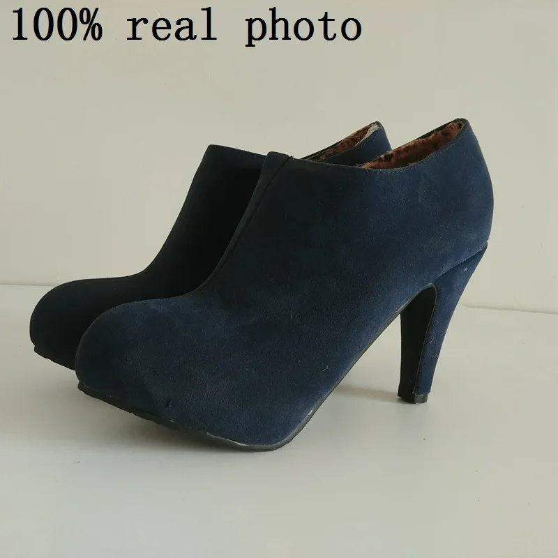 Talla grande 32-45 botines de mujer de gamuza sintética zapatos de otoño primavera tacón de 10cm cremallera negro albaricoque azul diseñador - imagen 4