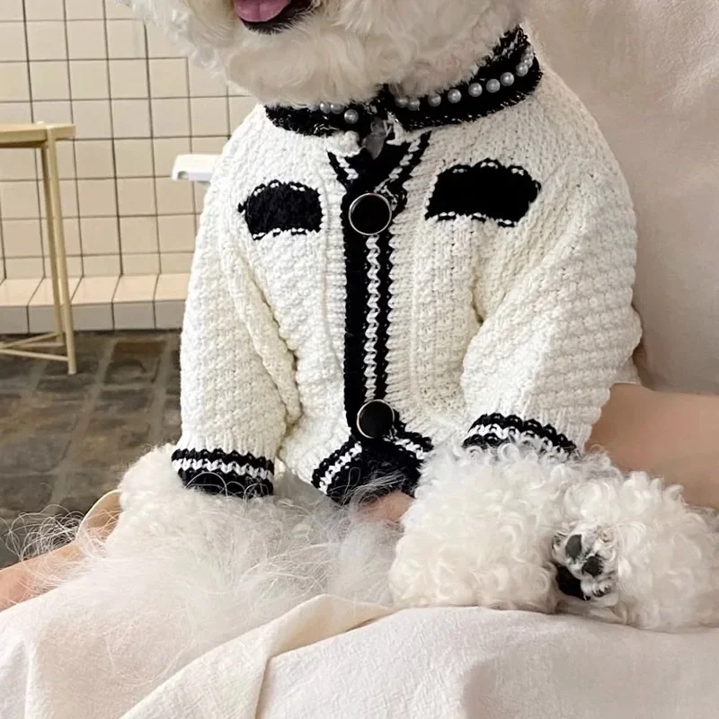 Cárdigan de punto con cuello de perlas para perros, suéter para perros pequeños y medianos, ropa bonita para gatos, Otoño e Invierno - imagen 4