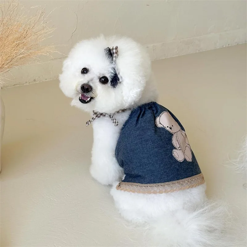 Vestido vaquero con tirantes para mascotas, chaleco con tirantes vaqueros de dibujos animados para gatos, oso de peluche, tocado con lazo superior para perros, vestidos para perros pequeños - imagen 2