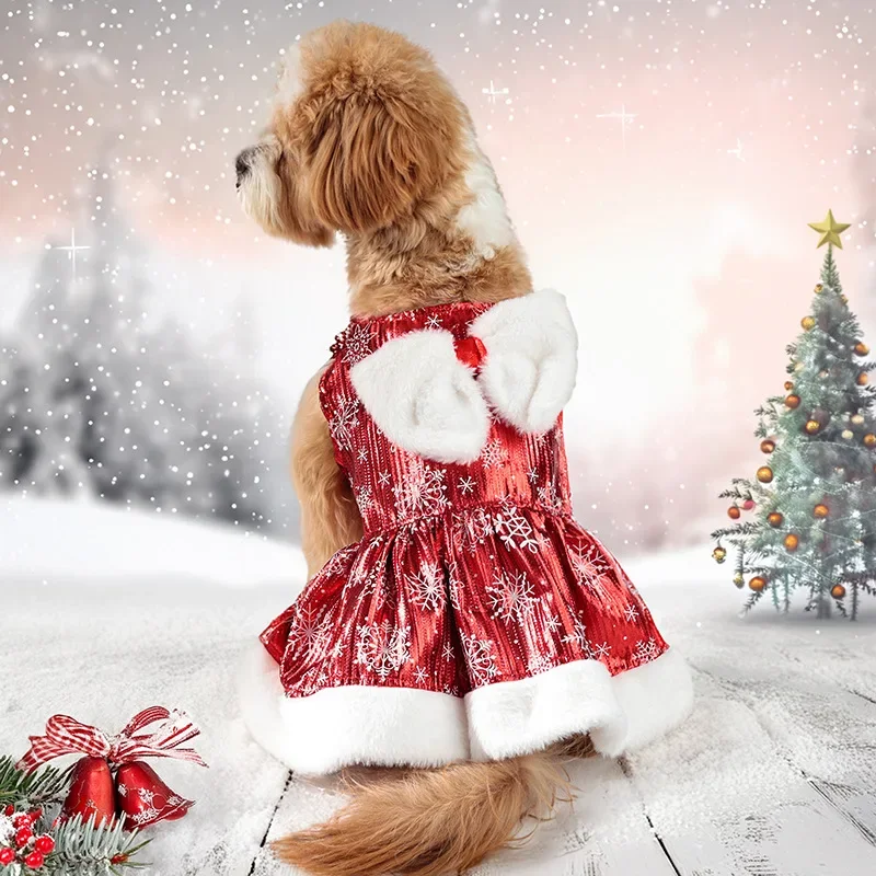 Ropa cálida de terciopelo para mascotas, vestido navideño para perros pequeños/medianos con lazo y ribete de piel sintética, traje de invierno con copo de nieve rojo, - imagen 2