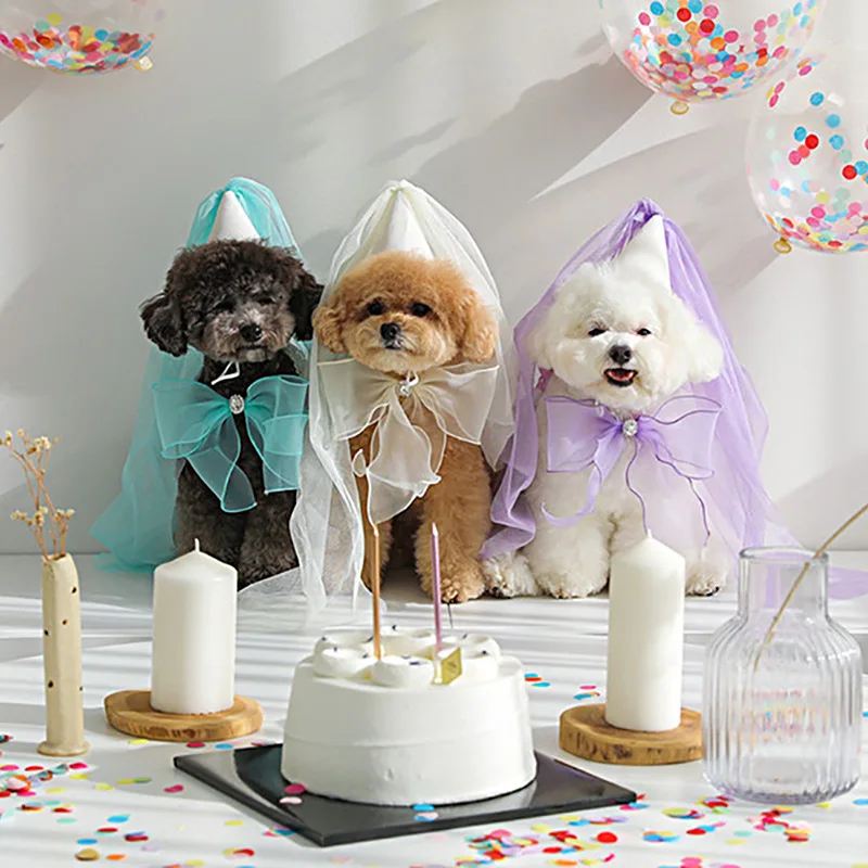 Lindo sombrero de fiesta de cumpleaños para perro, sombrero de boda, toalla de Saliva con lazo, bufanda triangular de peluche, babero de bolsillo, joyería para perro - imagen 4