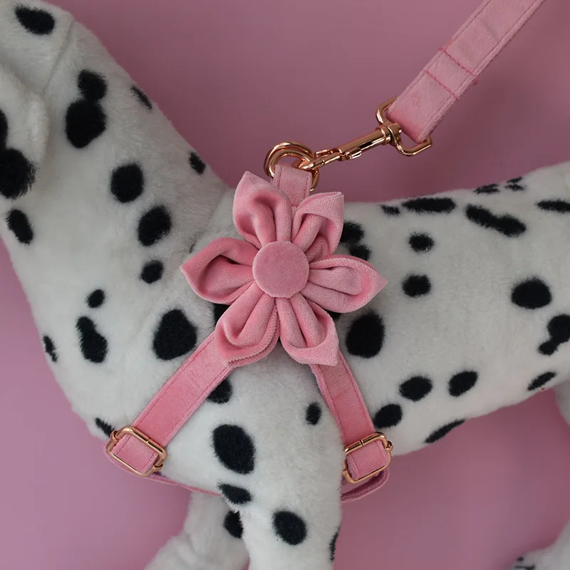 Arnés Floral de terciopelo para perros pequeños, conjunto de Collar y correa de color rosa, accesorios duraderos para mascotas, Collar de gatito de tamaño S/M/L/XL - imagen 3