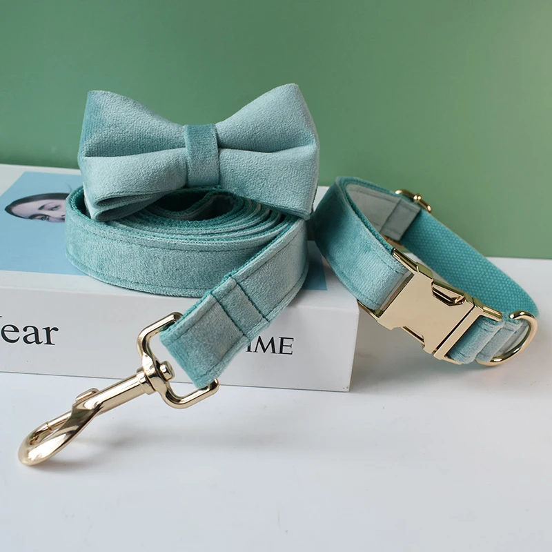 Collar verde personalizado, tela de calidad de terciopelo para perros pequeños, medianos y grandes, piezas de Metal personalizadas, accesorio para mascotas, franela 29 - imagen 3