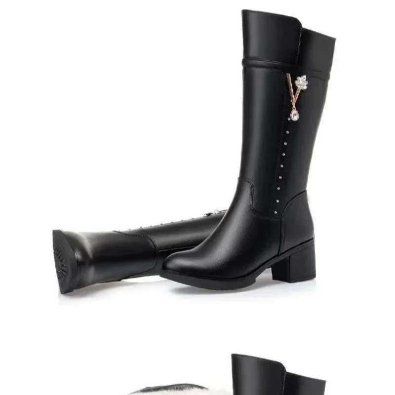 Women's Boots Autumn and Winter Wool Warm Thick Heels Fashion New Knee High Boots Leather Round Toe High Heel Women's Boots New - imagen 5