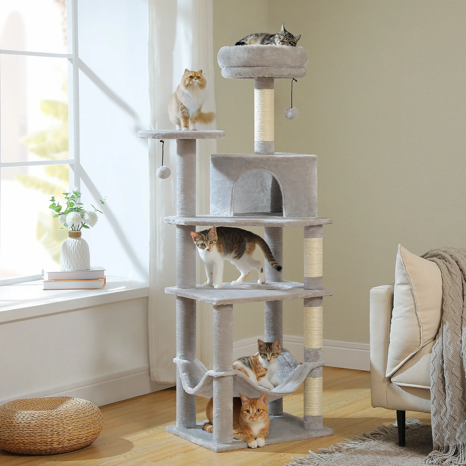 Torre de árbol para gatos de 6 niveles con hamaca súper grande, espacioso condominio, kit antipunta, 2 bolas colgantes, 4 postes rascadores de sisal natural - imagen 5