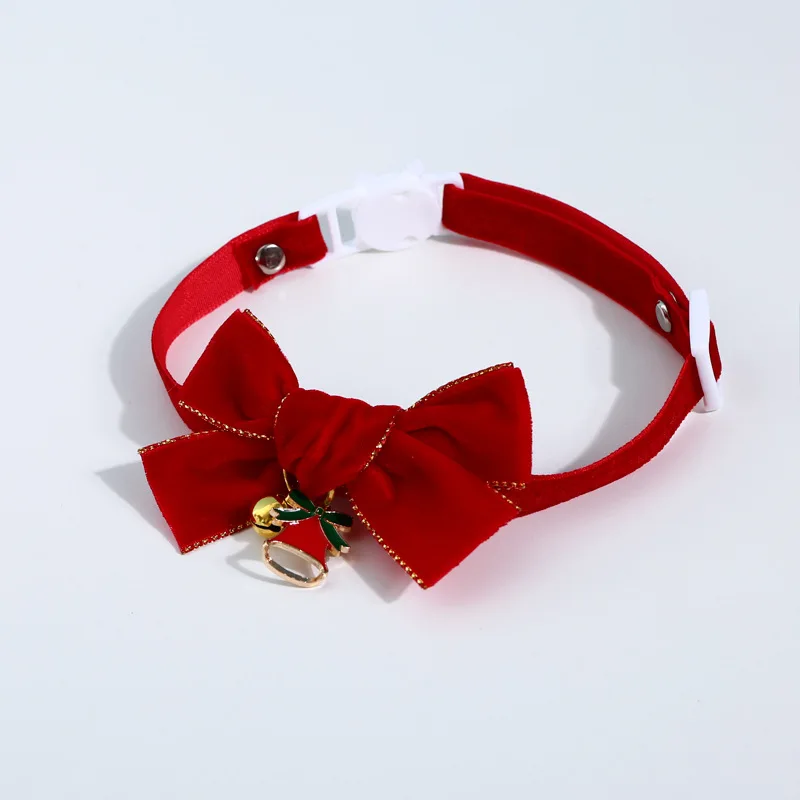 Yule-collar con hebilla de seguridad ajustable para gato, perro y mascota, Gargantilla con lazo de terciopelo rojo dorado - imagen 3