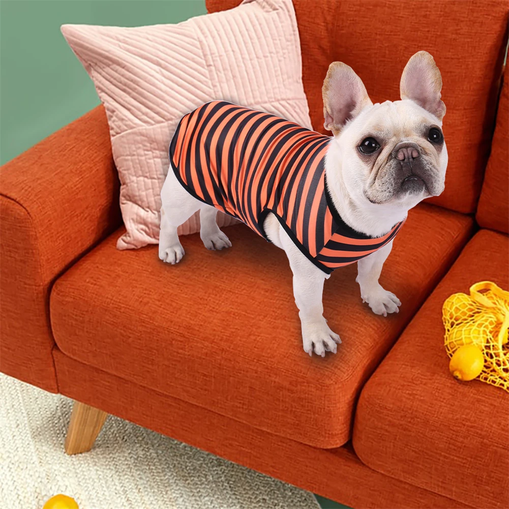 Ropa de verano para perros, chaleco informal para mascotas, de cuello redondo Camiseta a rayas, chalecos de protección solar para perros pequeños, disfraz cómodo de gato y cachorro - imagen 2