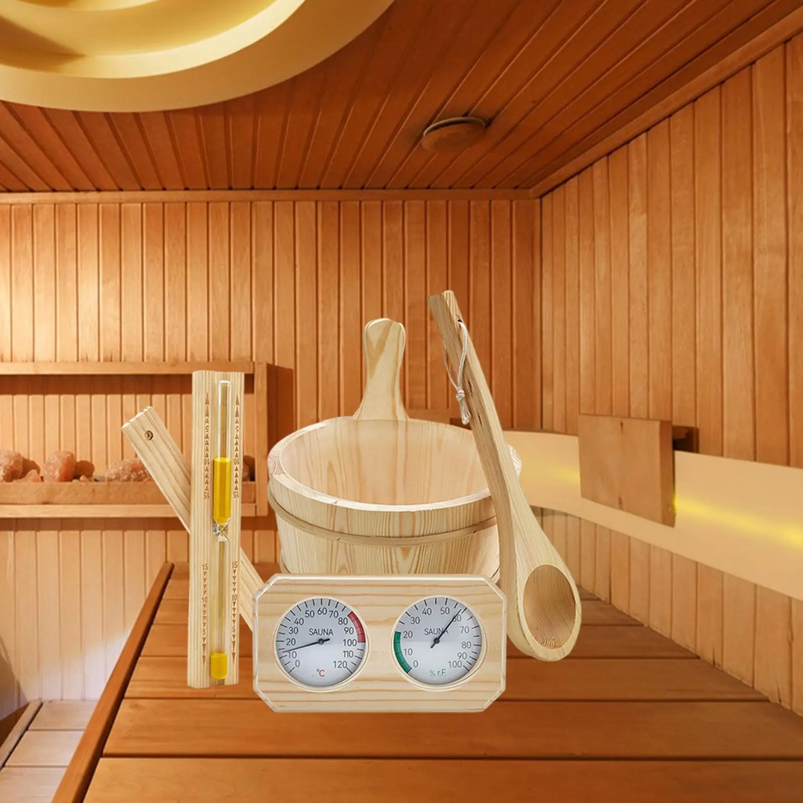 Sauna Accessories Set,4L Sturdy Gifts Multifunctionlal Thermometer Hygrometer Hourglass Sand Timer Ladle for Home Bathroom SPA