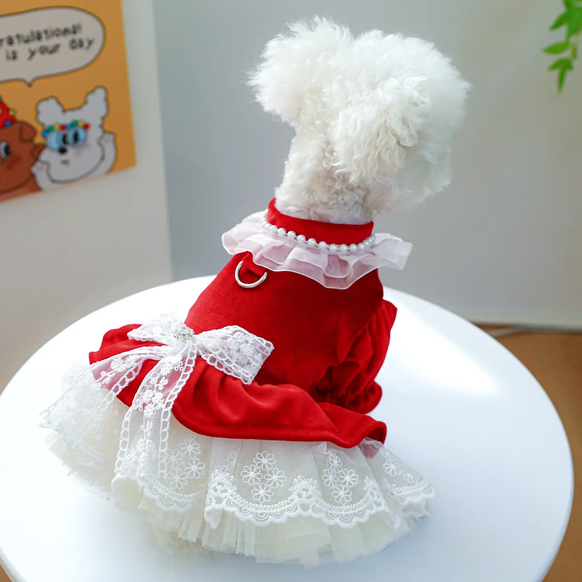 Vestido para mascotas Otoño/Invierno abrigo de Navidad ropa para gatos lazo borde de encaje vestido de princesa de terciopelo vestidos para perros pequeños - imagen 2