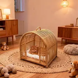 Cama semicerrada de ratán con cojín para gatos y perros pequeños