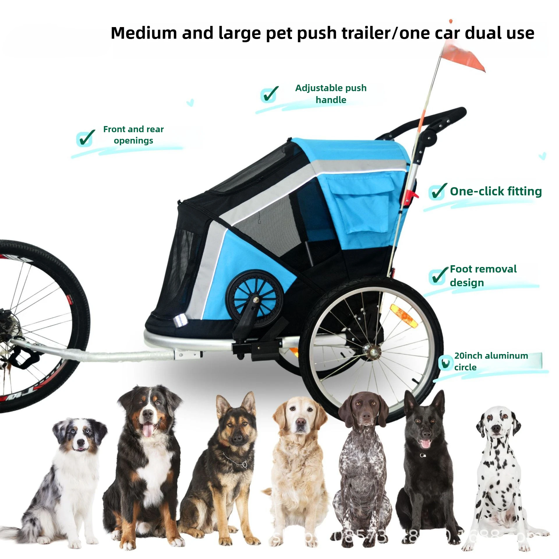 Remolque de bicicleta plegable de aleación de aluminio para mascotas medianas y grandes/carrito universal, cochecitos para caminar para mascotas al aire libre dos en uno, suministros para perros - imagen 4