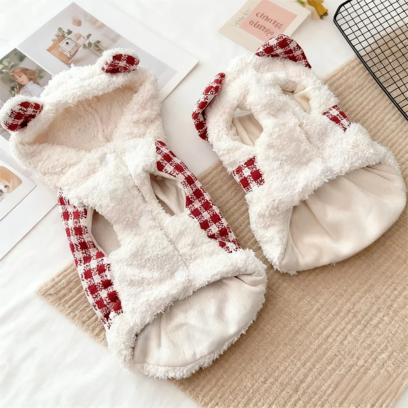 Chaqueta con capucha cálida de felpa para perro, bonito vestido con lazo para perro, abrigo de invierno para mascota, disfraz para cachorro, chaqueta para gato a cuadros roja, abrigo, cárdigan para mascota, ropa para perro - imagen 5