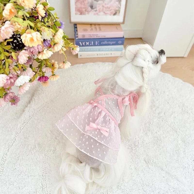 Vestidos de encaje para cachorros, falda de malla transpirable de verano para perros, chaleco con lazo y tirantes, ropa para mascotas pequeñas, ropa para cachorros pequeños - imagen 5