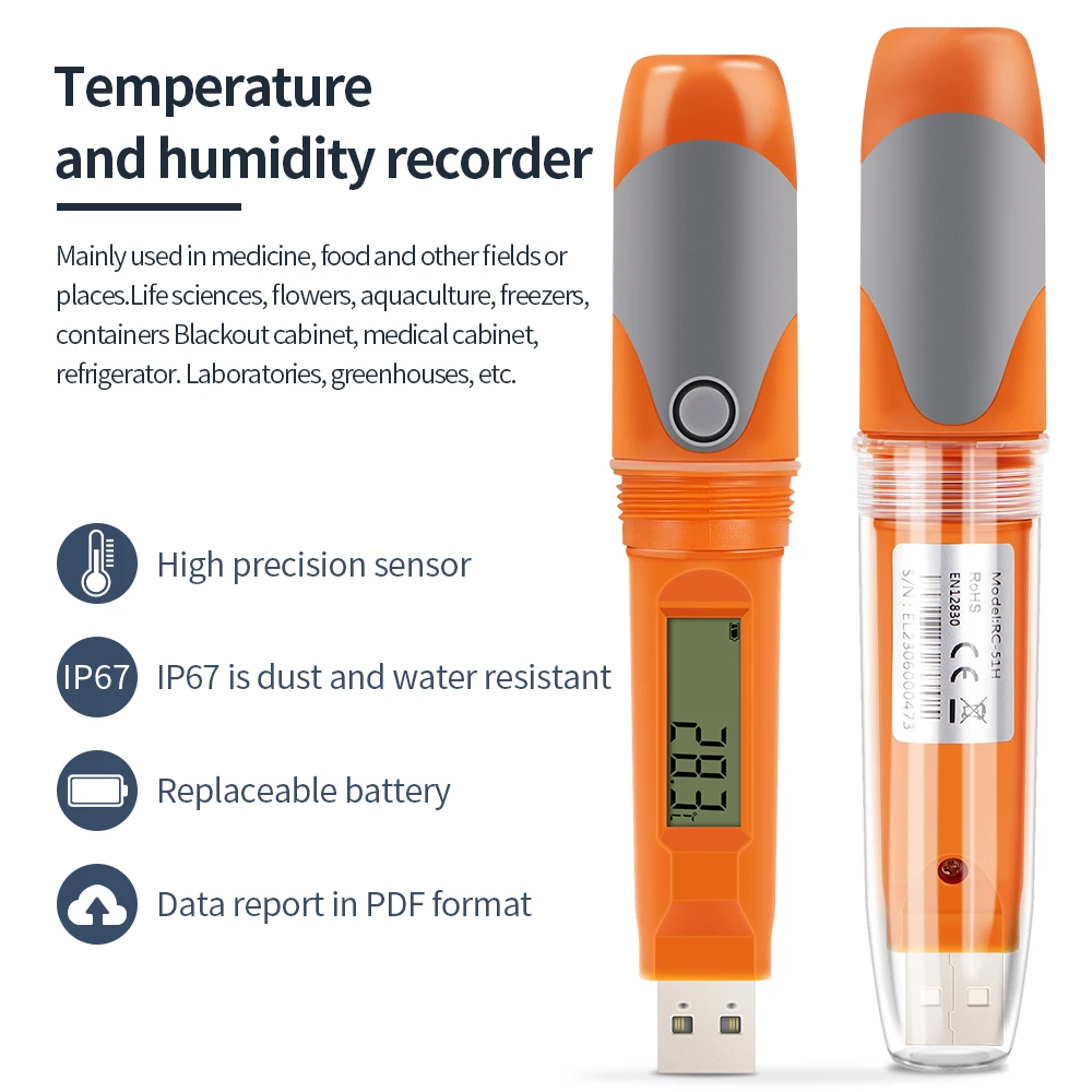 Elitech-registrador de datos de temperatura y humedad, RC-51H, impermeable, USB, grabadora de temperatura, informe en PDF automático para cadena de frío - imagen 2