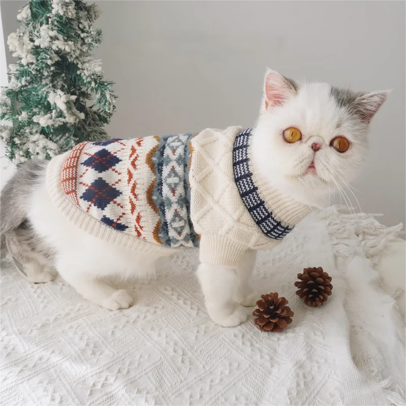 Suéter con estampado de rombos para perro, ropa Retro bonita para perro, jerséis de punto cálidos para invierno para cachorros, trajes de lujo con cuello alto para gato y Chihuahua para mascotas - imagen 2