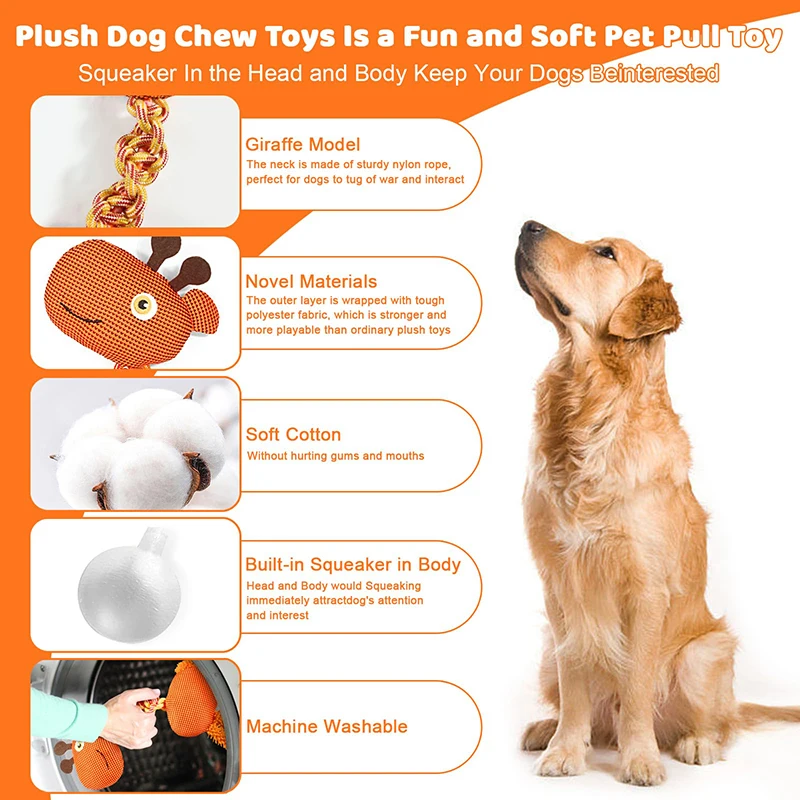 Benepaw-juguete de cuerda duradero para perro, juguete interactivo de peluche, jirafa chirriante, cachorro, juguetes para masticar para mascotas, Tug Of War, perros pequeños, medianos y grandes - imagen 2