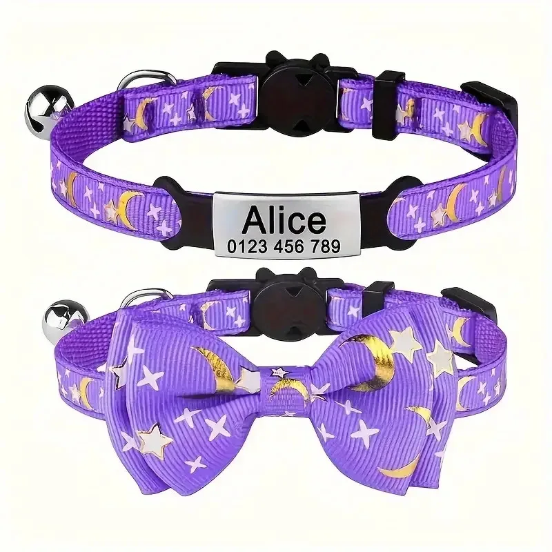 Collar de gato con estampado de luna y estrella, nombre de mascota grabado personalizado y número de teléfono, etiqueta de identificación de gato con lazo, adecuado para gatos domésticos - imagen 5