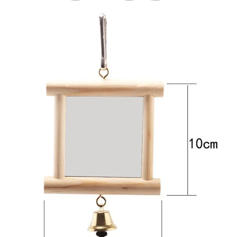 1 Uds. Espejo de madera maciza para mascotas, espejo para loros y pájaros, divertido juguete de pino de pie, accesorios para pájaros con campanas, juguetes de madera, accesorios para pájaros - imagen 2