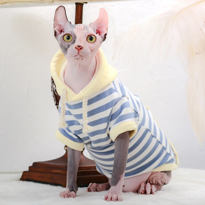 Fasion Sphynx Gato Sudadera con capucha a rayas Sphynix Chaqueta de ropa de gato Devon Rex Abrigo de algodón de cuello alto para primavera otoño invierno - imagen 2