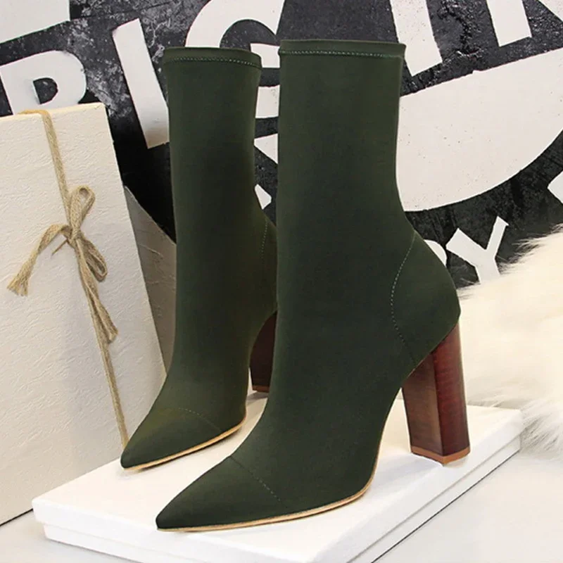 Talla 42 43 botines de mujer tacones altos cuadrados bombas moda de otoño comodidad tela elástica calcetín bota mujer zapatos de vestir de fiesta - imagen 5