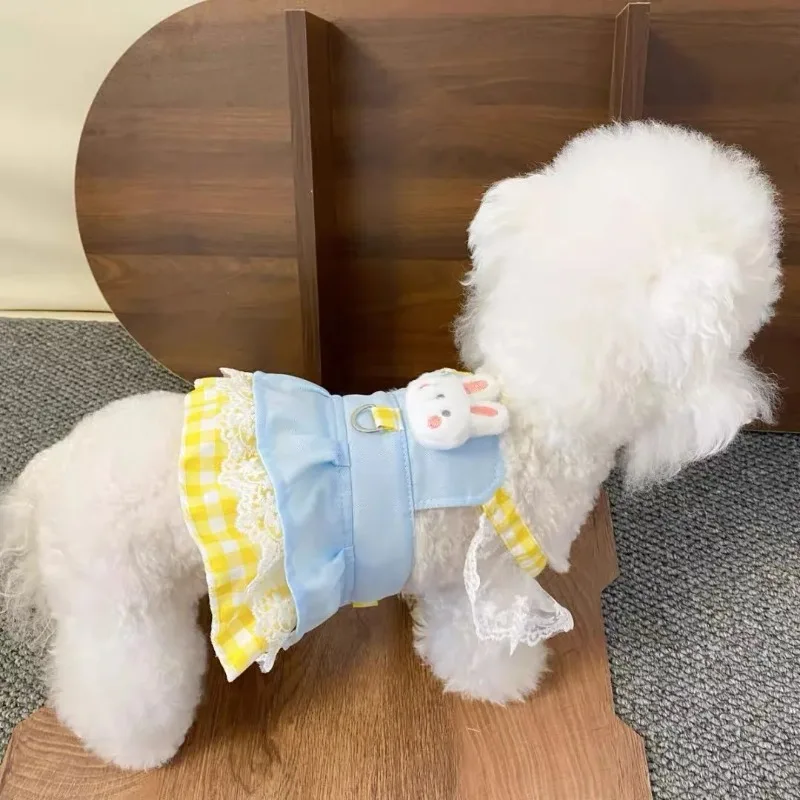 Lindo vestido de princesa de conejo de verano para mascotas, arnés para perros pequeños, camiseta sin mangas fina a cuadros de verano, ropa para perros pequeños - imagen 4