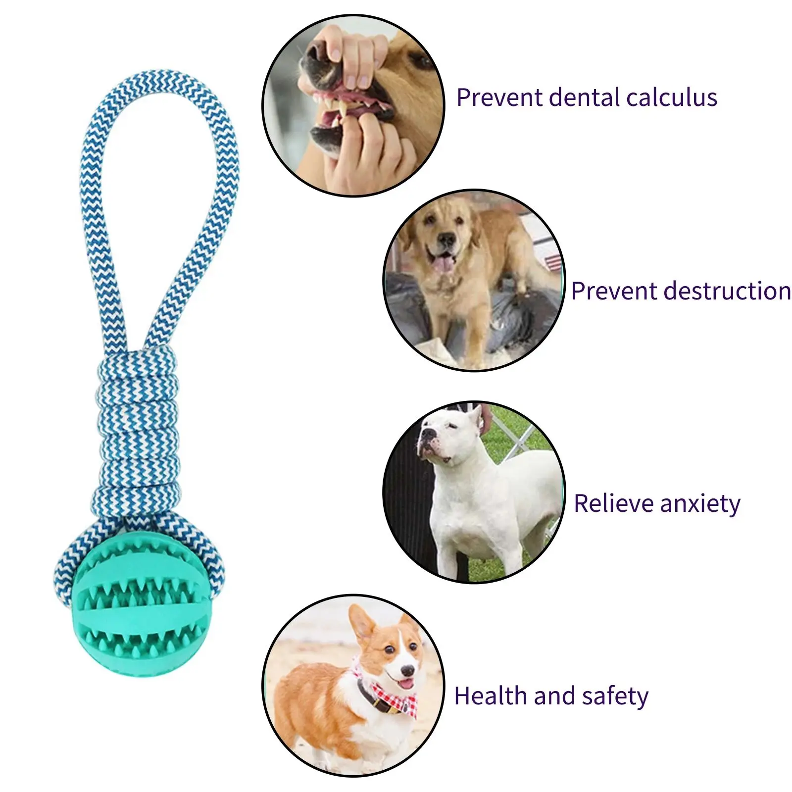 Limpieza de dientes para mascotas, Bola de tratamiento IQ para masticar, dispensador de alimentos, mordedura, nudo para masticar, entrenamiento, juguetes para perros con cuerda de goma - imagen 3