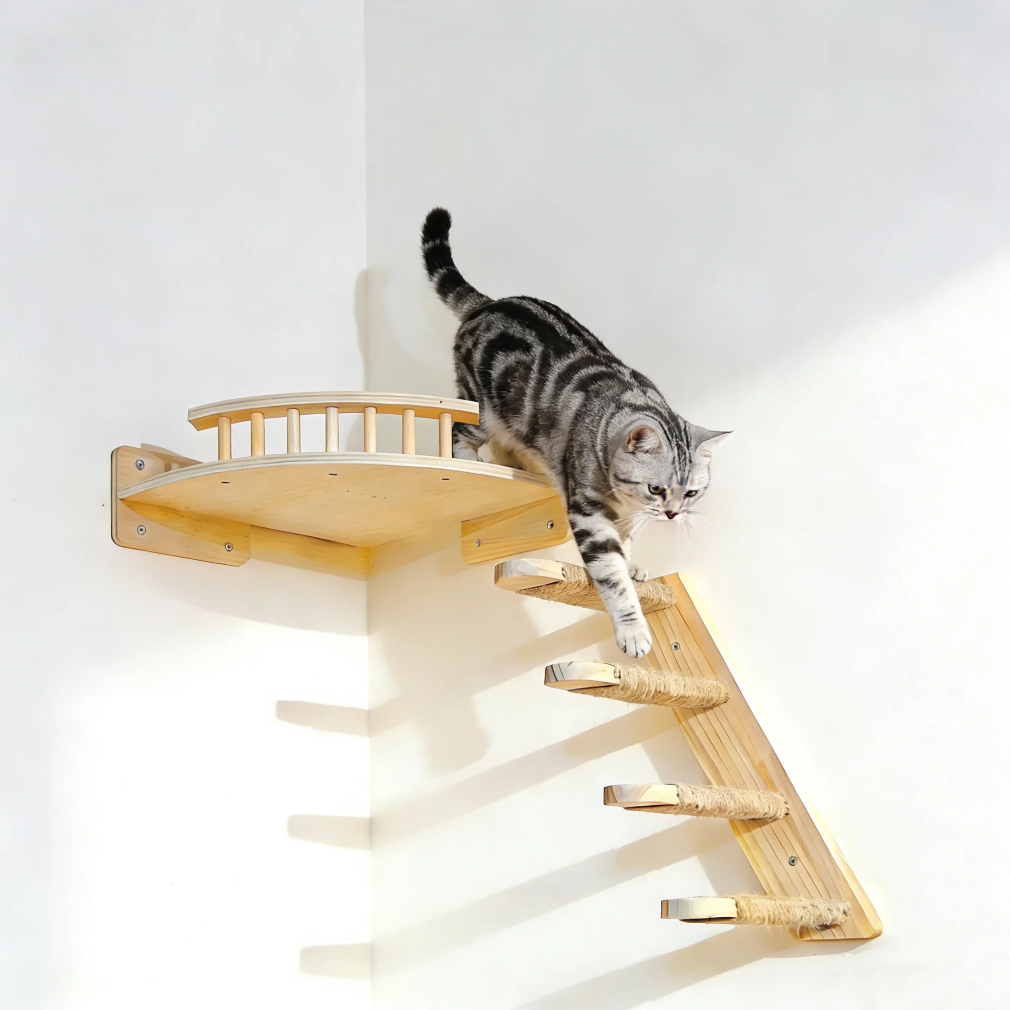 Pasos de madera maciza montados en la pared y cuerda de Sisal, entrenamiento de garra de gatito, muebles de interior para gatos, cuerda de escalada para gatos