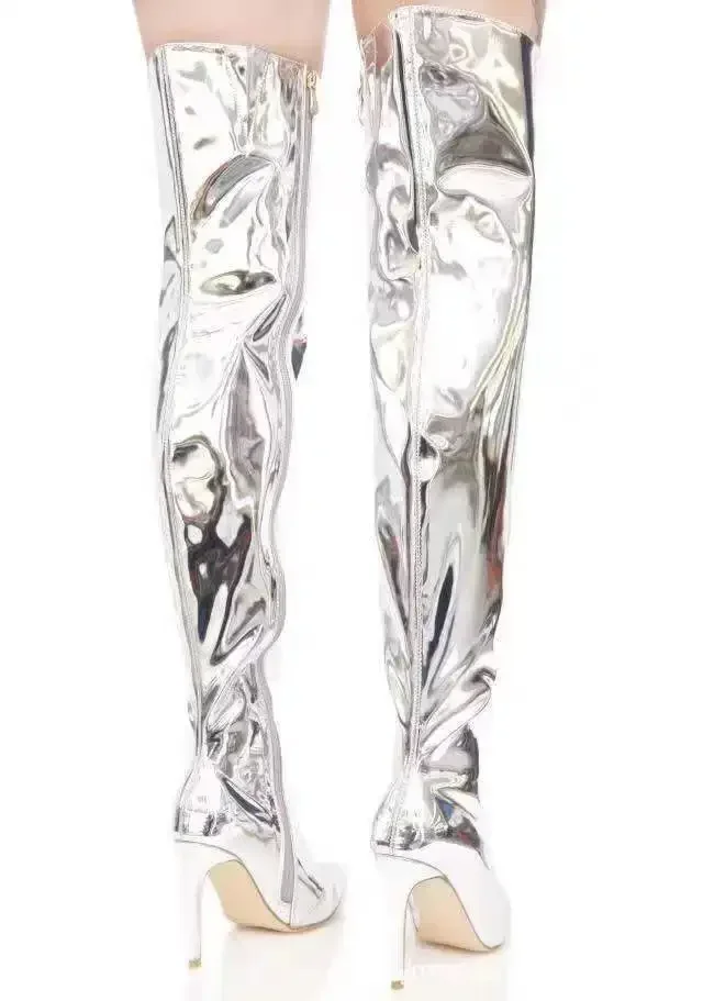 Botas de plataforma con espejo para mujer, zapatos puntiagudos Punk de tacón alto y fino por encima de la rodilla, botas largas con cremallera plateada, zapatos casuales de fiesta, Otoño e Invierno - imagen 3