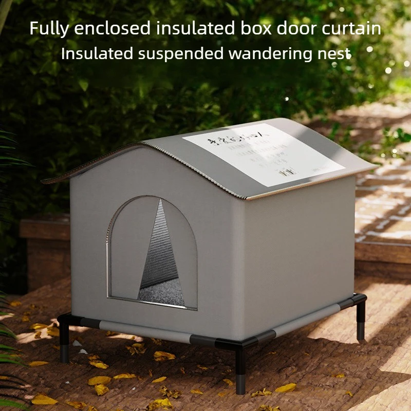 Casa exterior impermeable para gatos aislada cerrada con cortina
