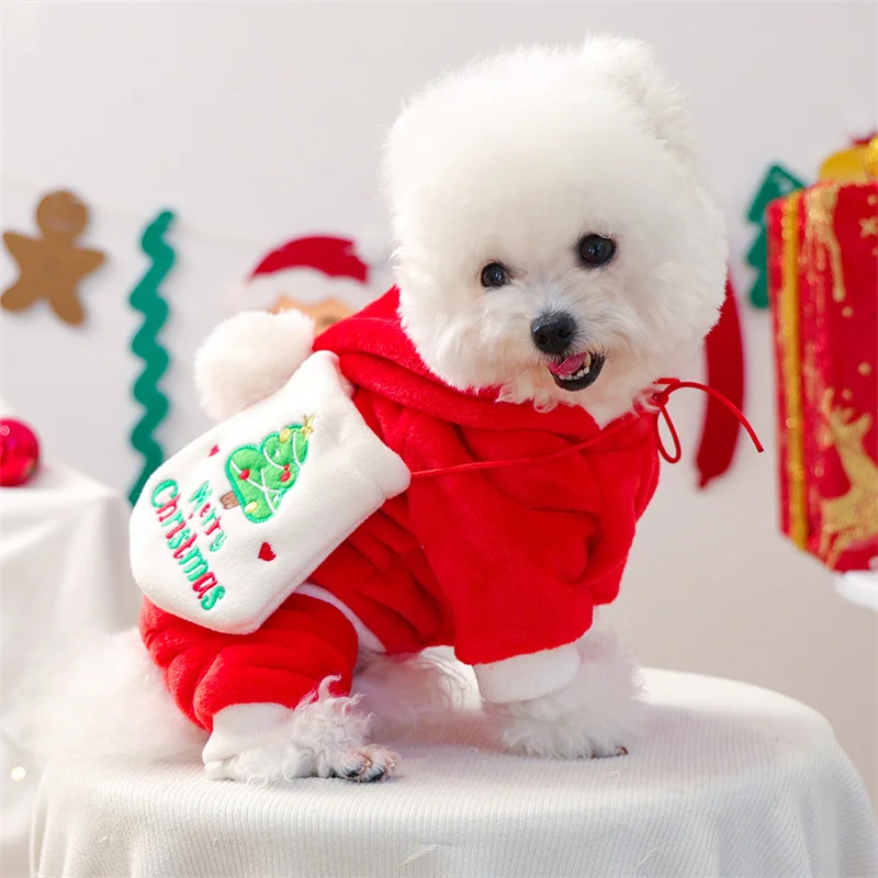 Ropa de lana para perros con bolsa, monos rojos, mono para perros pequeños Shih Tzu Dachshund, disfraces de Navidad, pijama para cachorros, chándal - imagen 2