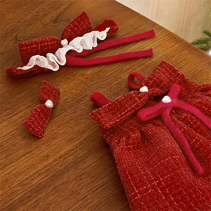 Vestido rojo con lazo para Navidad, Año Nuevo, Otoño/Invierno, abrigo grueso y cálido para gatos, ropa para perros pequeños, ropa para cachorros, regalo - imagen 3