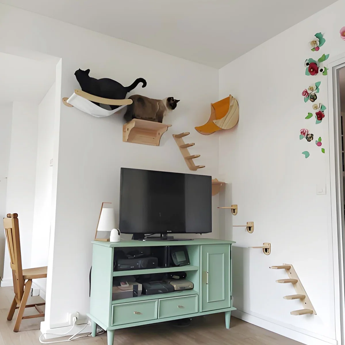 Hamaca para gatos, estantes de escalada montados en la pared para gatos, torre de árbol tejida a mano, casa colgante de pared para gatos, macramé, escalones y plataforma desmontables - imagen 3