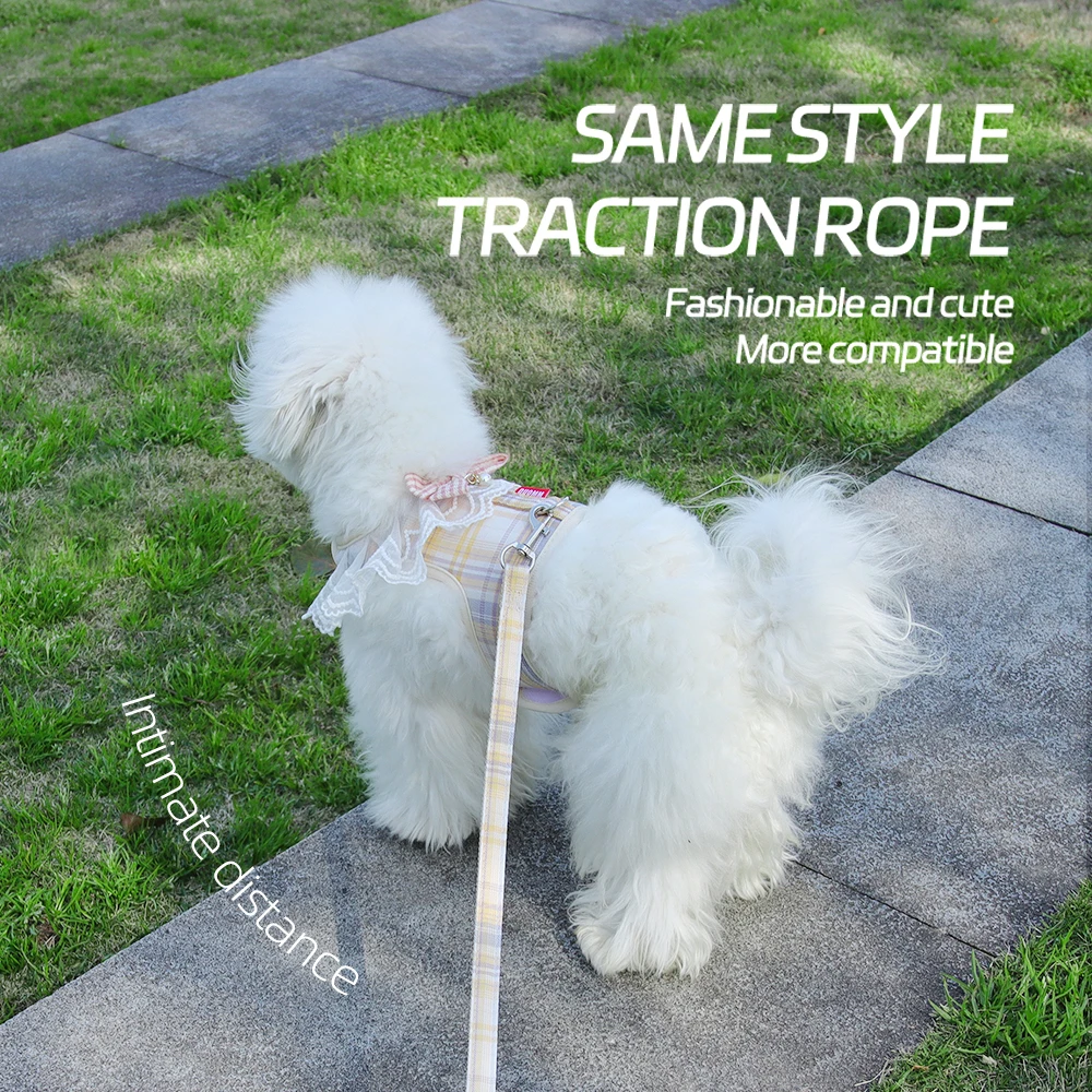 Arneses para perros y gatos estilo campus, estampado a cuadros con lazo, conjunto de correa para perros pequeños, Schnauzer, suministros para cachorros de Pomerania - imagen 3